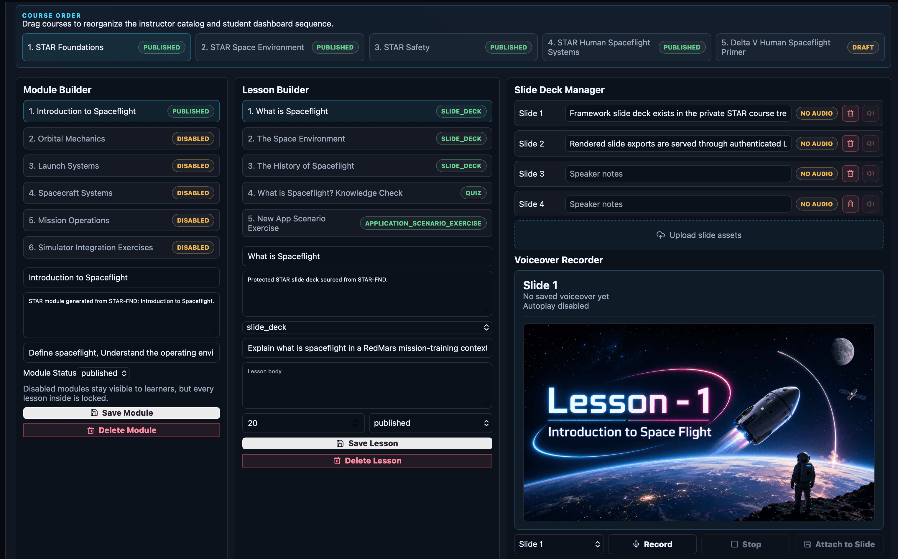 RedMars Learning screenshot showing course order, module builder, lesson builder, and slide deck manager tools.