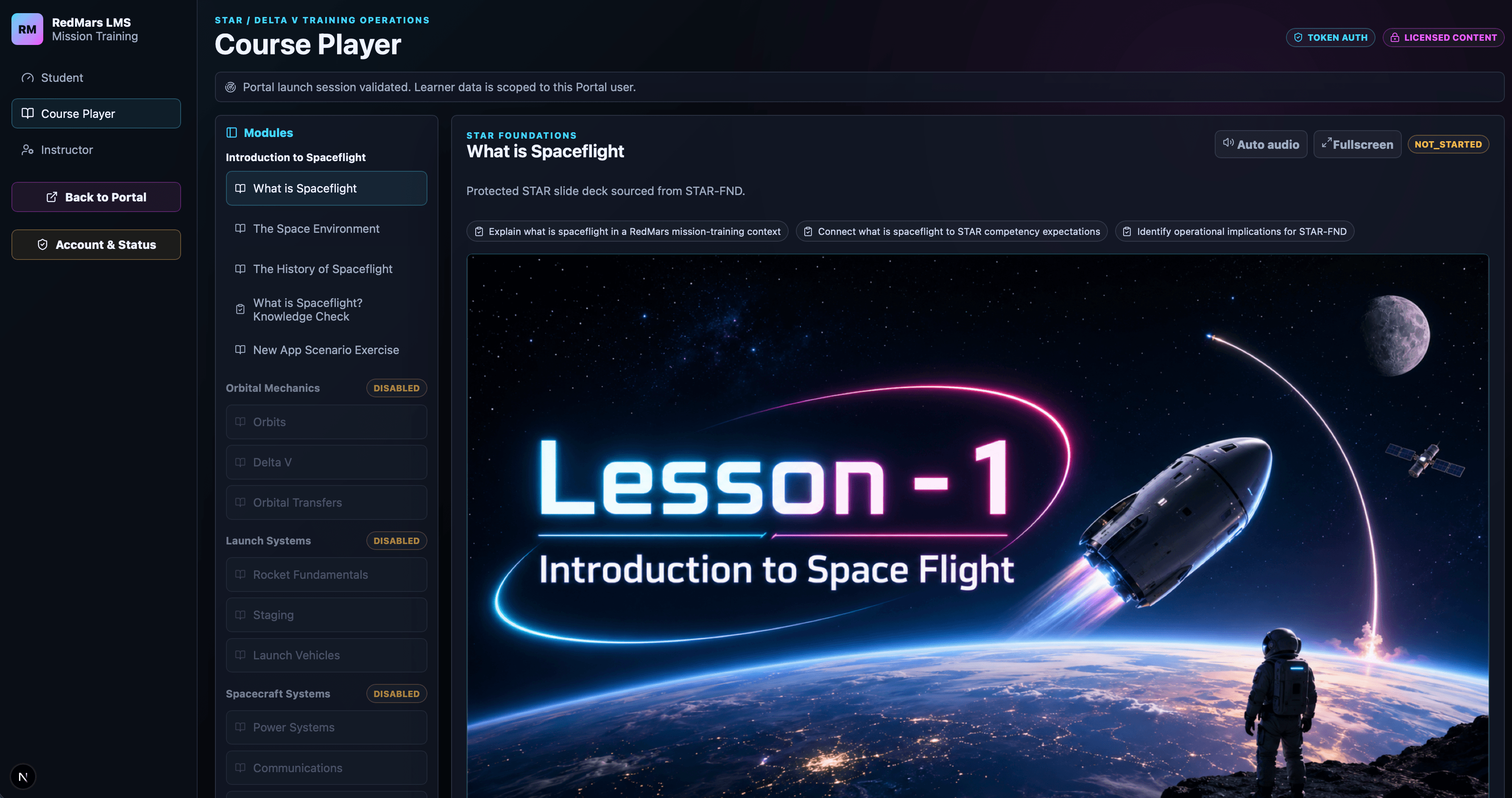 RedMars Learning screenshot showing a course player for an introduction to spaceflight lesson.