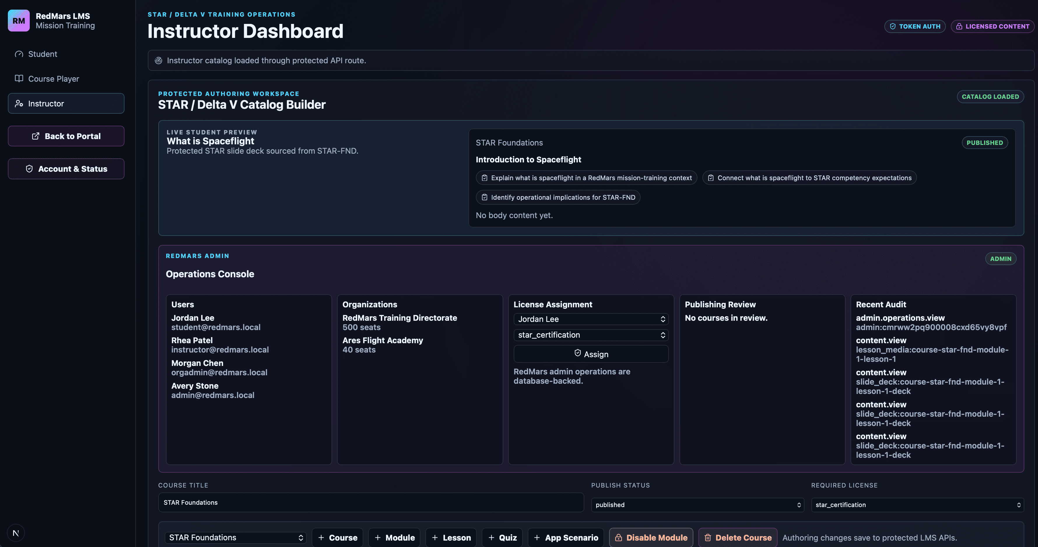 RedMars Learning screenshot showing an instructor dashboard and catalog builder.
