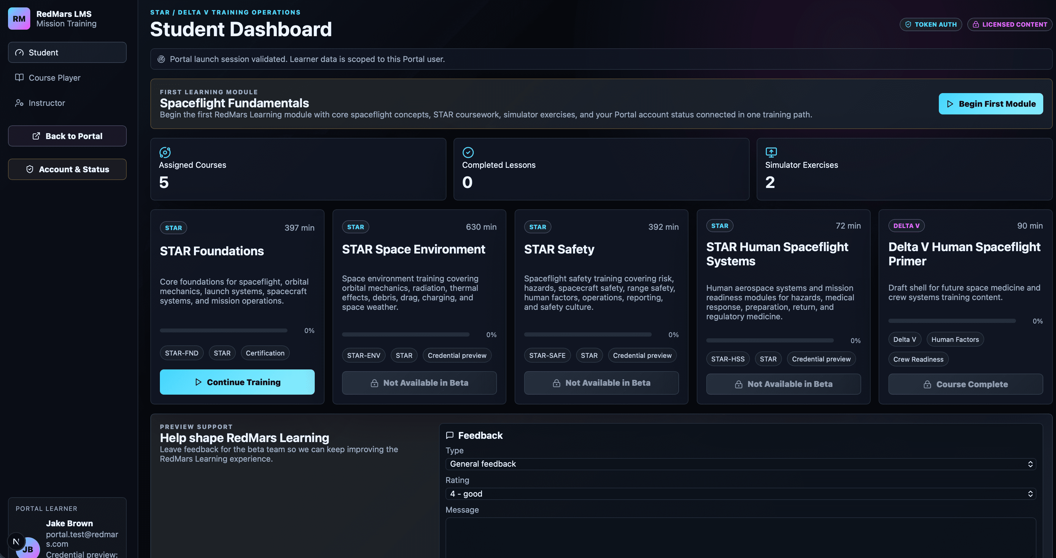 RedMars Learning screenshot showing a student dashboard with assigned STAR and Delta V courses.