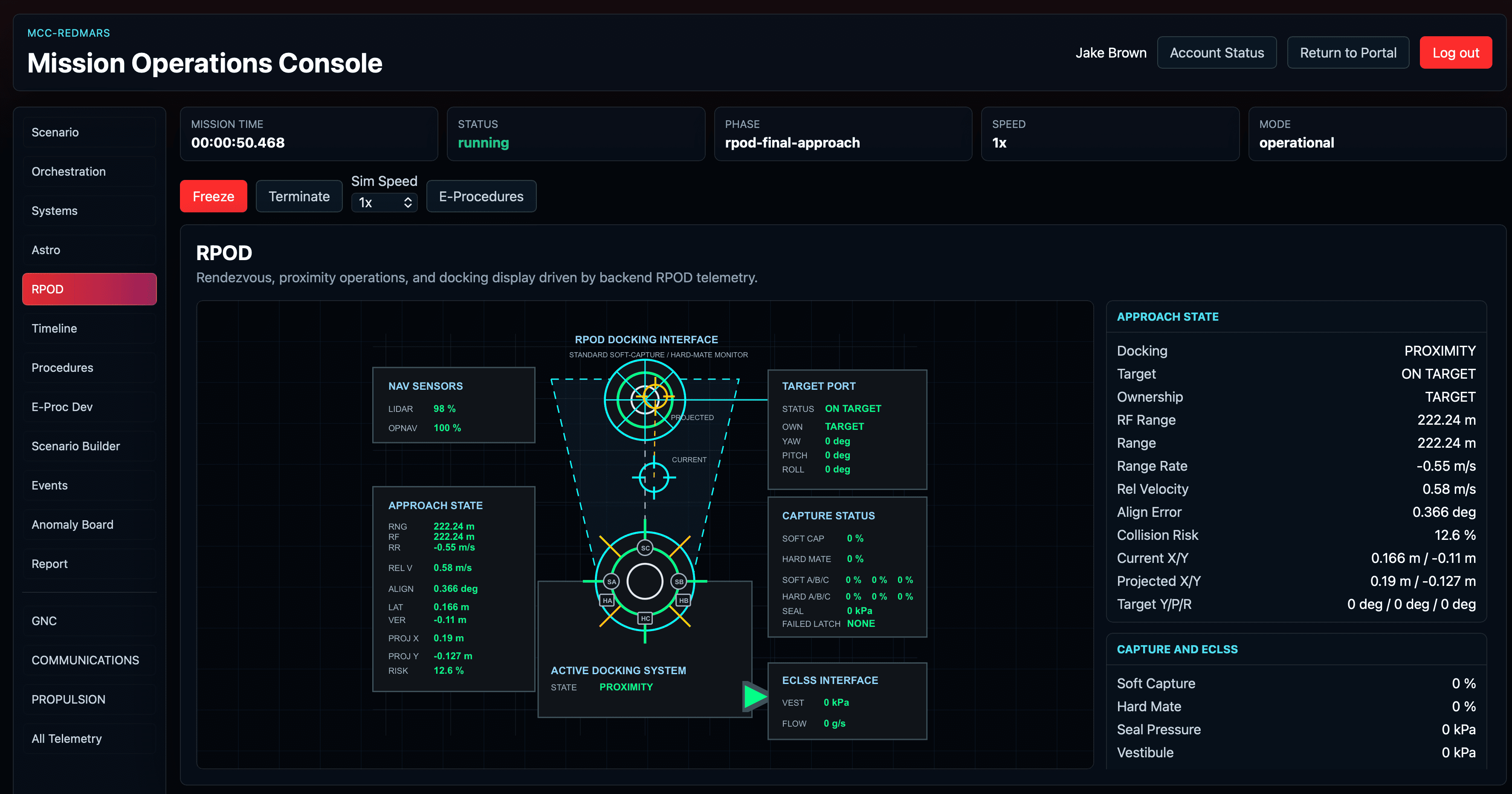 MCC-RedMars screenshot showing an RPOD mission operations console with docking interface and approach state.