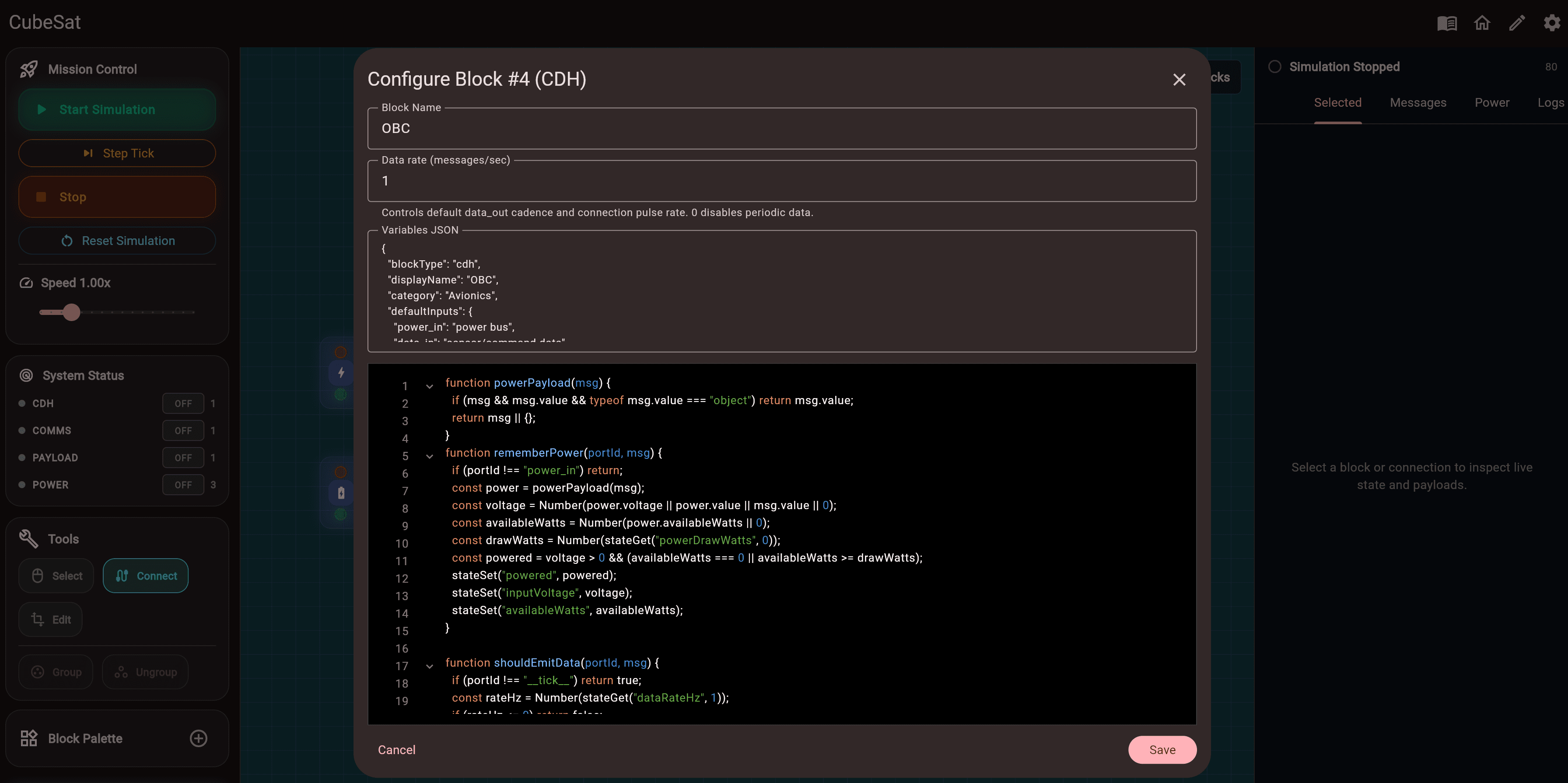 Systems Simulation screenshot showing a configurable spacecraft block with code editor.