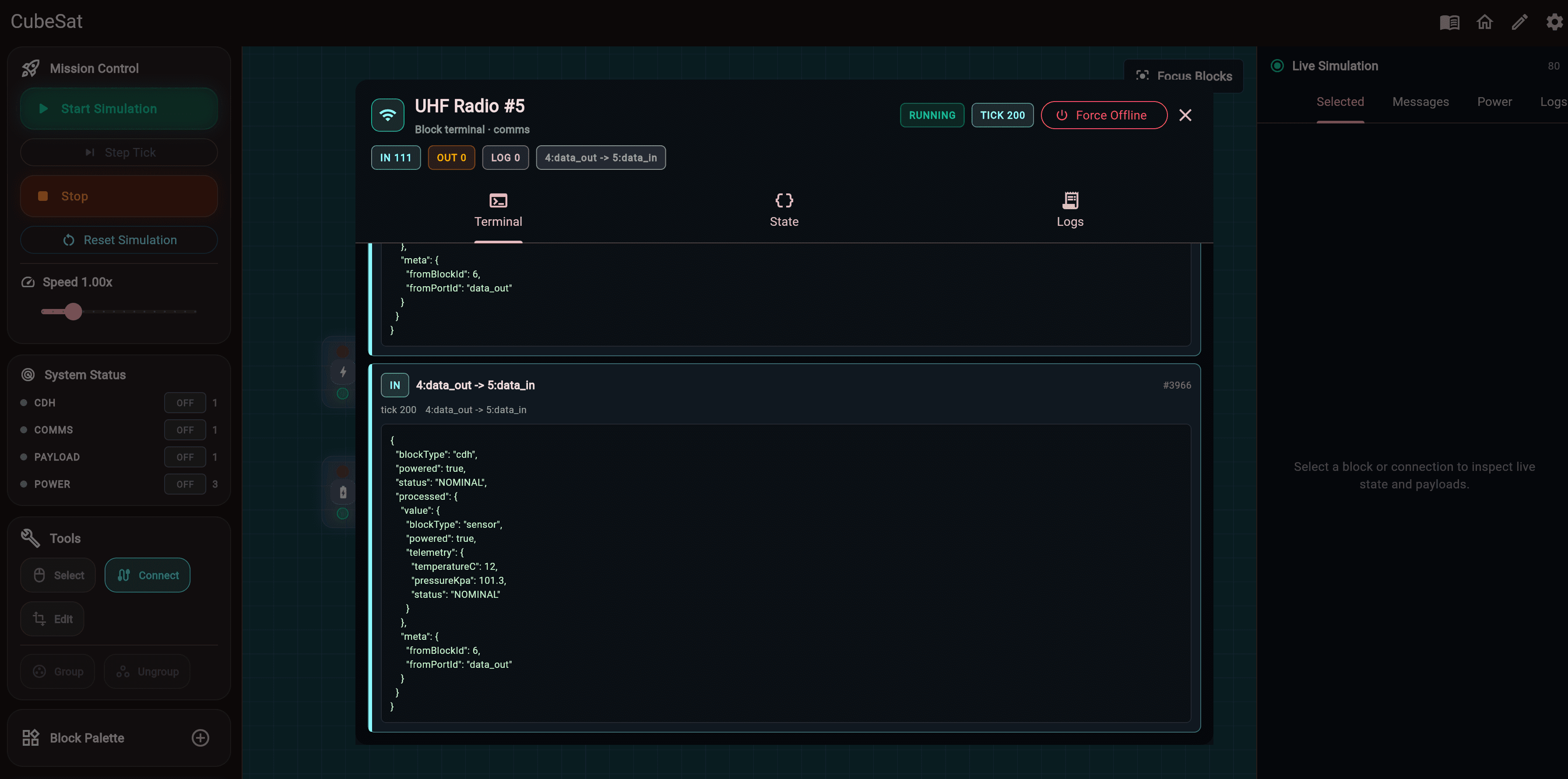 Systems Simulation screenshot showing a block terminal with state and log inspection.