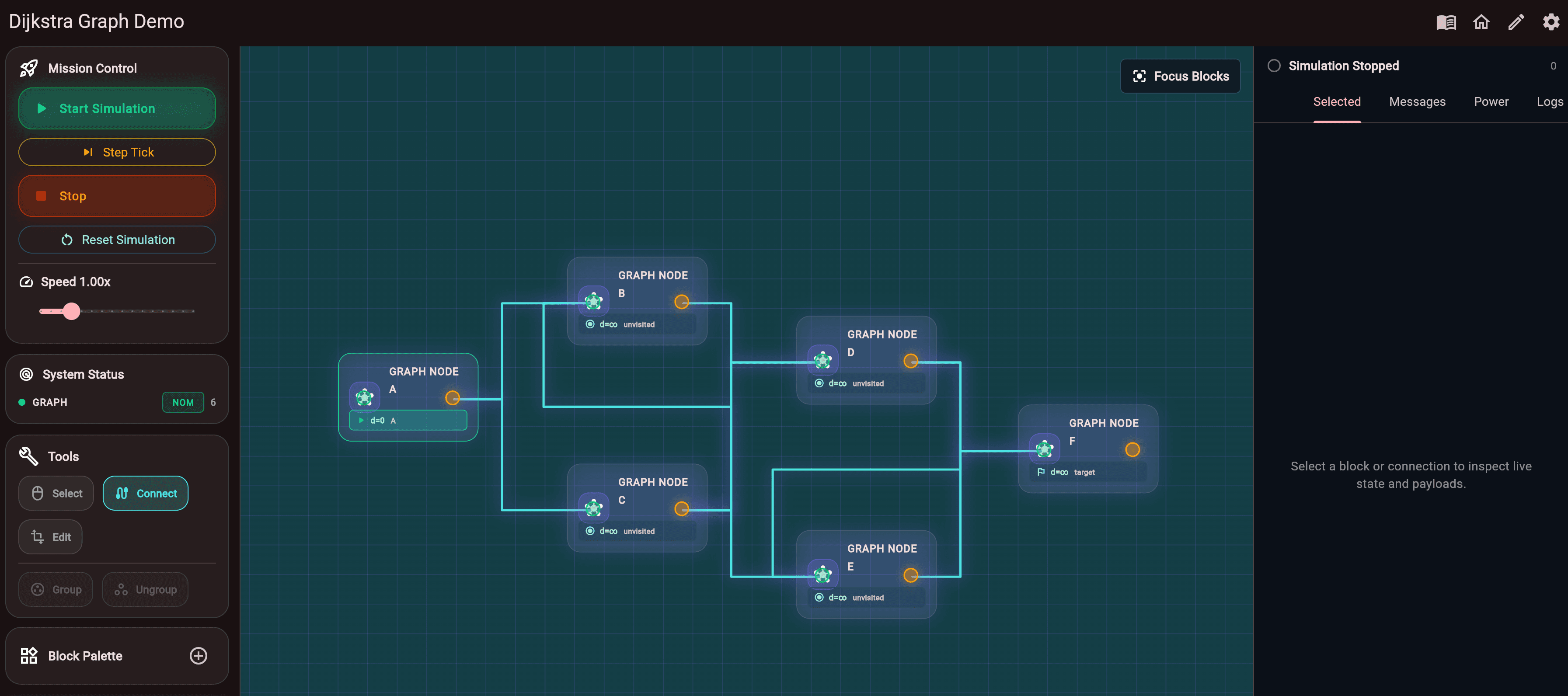 Systems Simulation screenshot showing a Dijkstra graph demo with connected graph nodes.